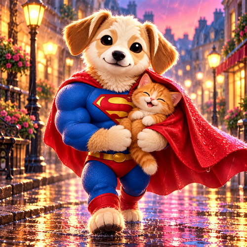 SuperCali in a blue suit and red cape, running through a rainy city while holding a sleeping kitten