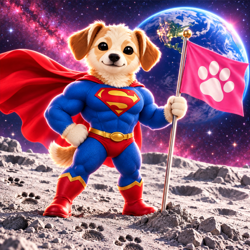 SuperCali standing on the moon, planting a pink paw-print flag with Earth behind