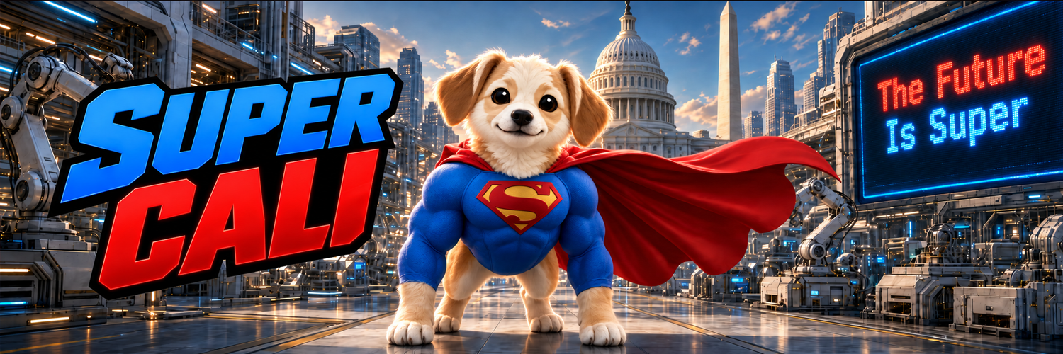 SuperCali banner with the puppy hero beside the name